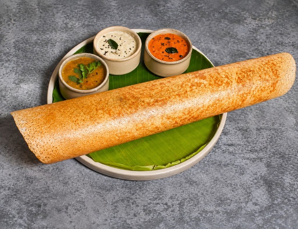 Fresh Crispy Masala Dosa served with Chutneys and Sambar at Dosa Corner